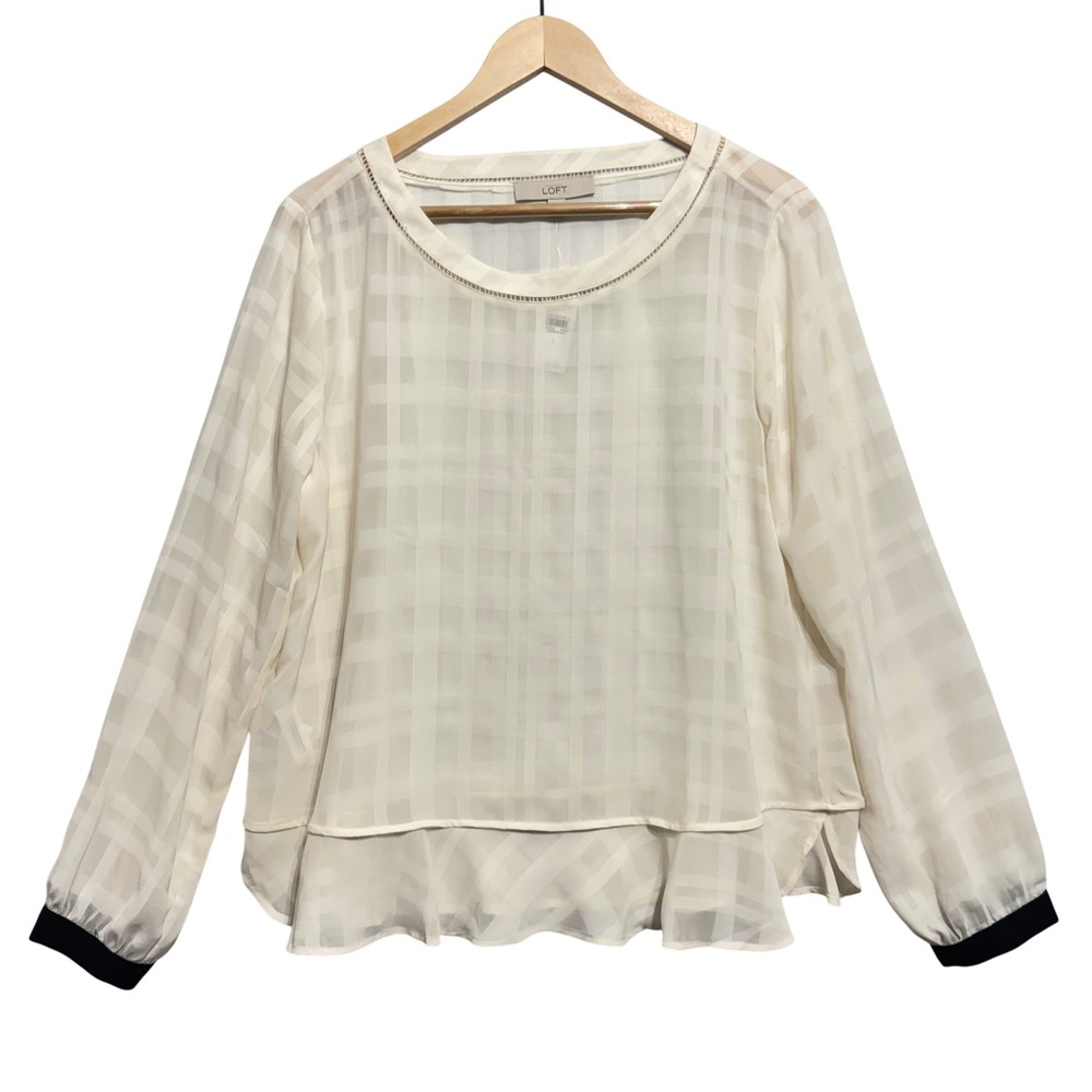 Ann Taylor LOFT Women's‎ Sheer Plaid Long Sleeve Ruffle Hem Blouse Top L